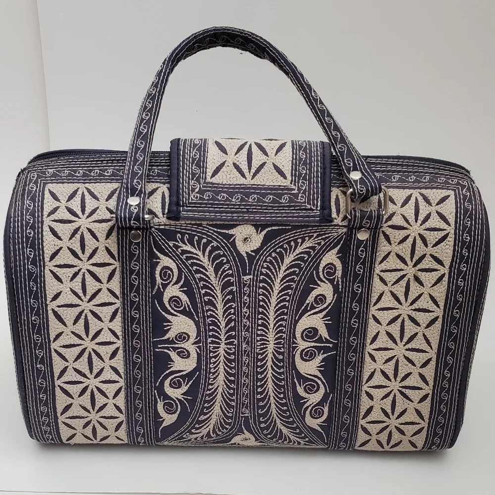 Embroidered Canvas Tote Bag in Black and Cream